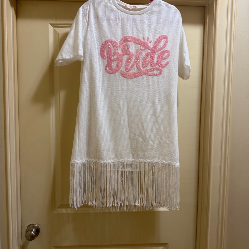 White Bride' Fringe T-Shirt Dress - Pink Graphic